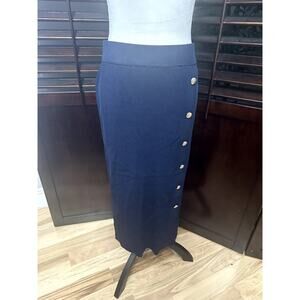 Lauren Ralph Lauren Women's Navy Blue Button Front Rib Knit Midi Skirt M NWOT